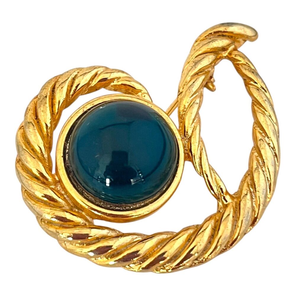 Vintage 1980s Green Glass Cabochon Brooch Gold Tone Gripoix Style - 6R